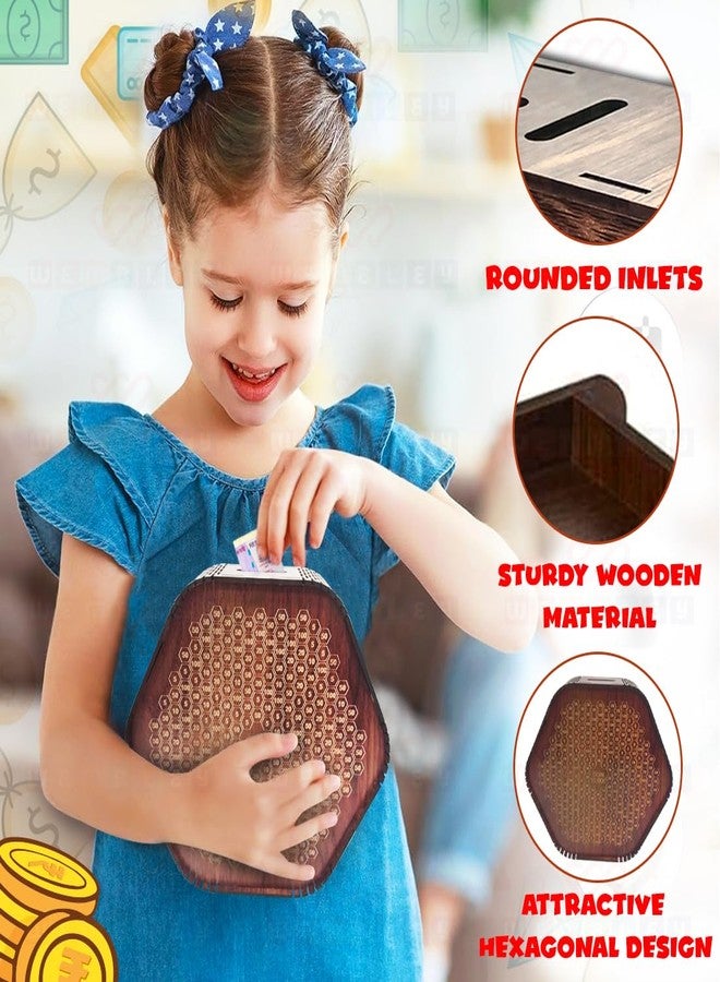 ويمبلي حصالة نقود خشبية عصرية من ويمبلي مع مخطط ادخار، أداة توفير المال للأطفال والكبار، حصالة عملات معدنية تحفيزية لتتبع الأهداف، هيكل خشبي متين للأولاد والبنات - سداسي الشكل - Image 4